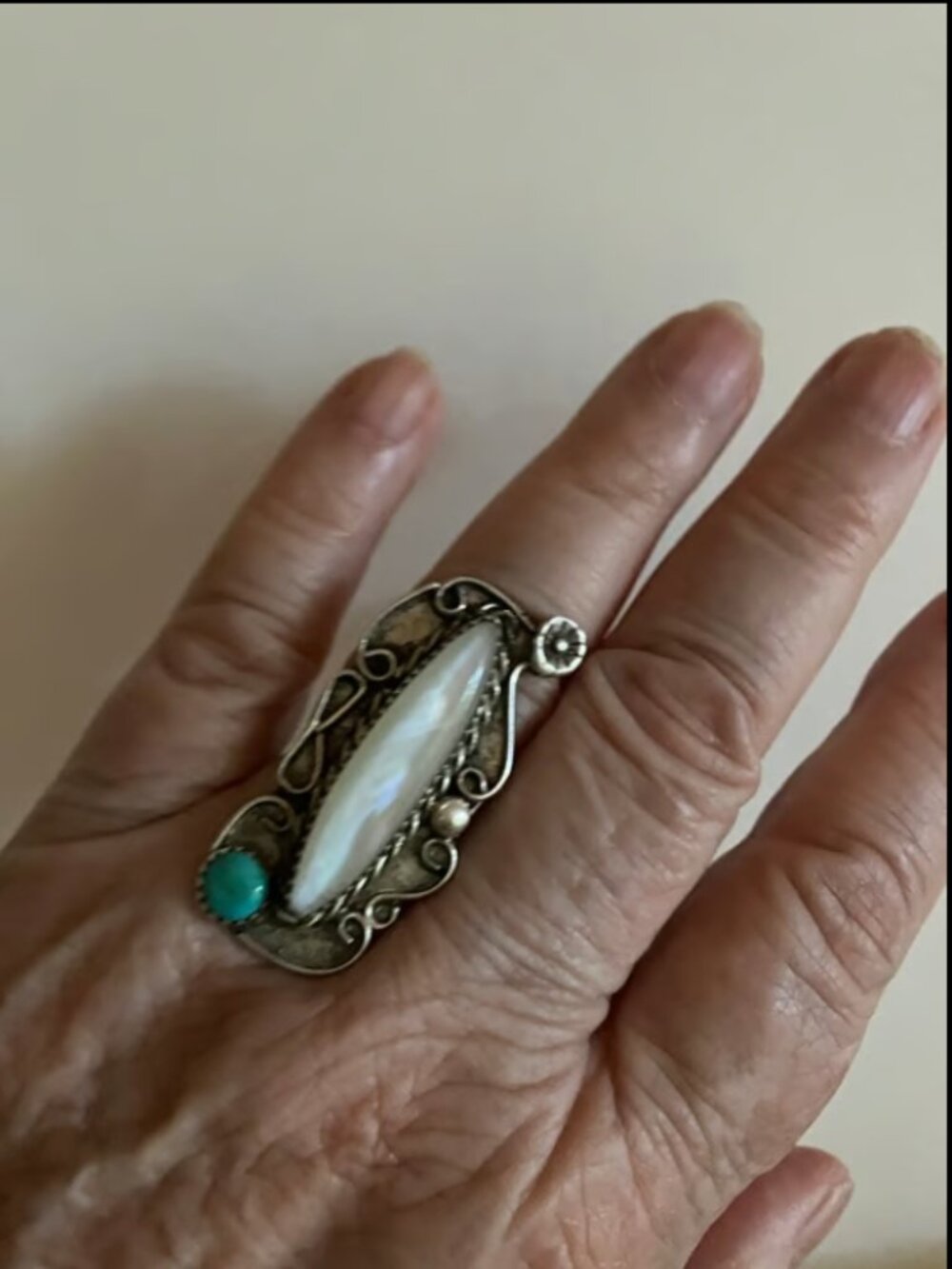 Vintage Navajo Signed Mother of Pearl Turquoise Sterling Long Knuckle Ring